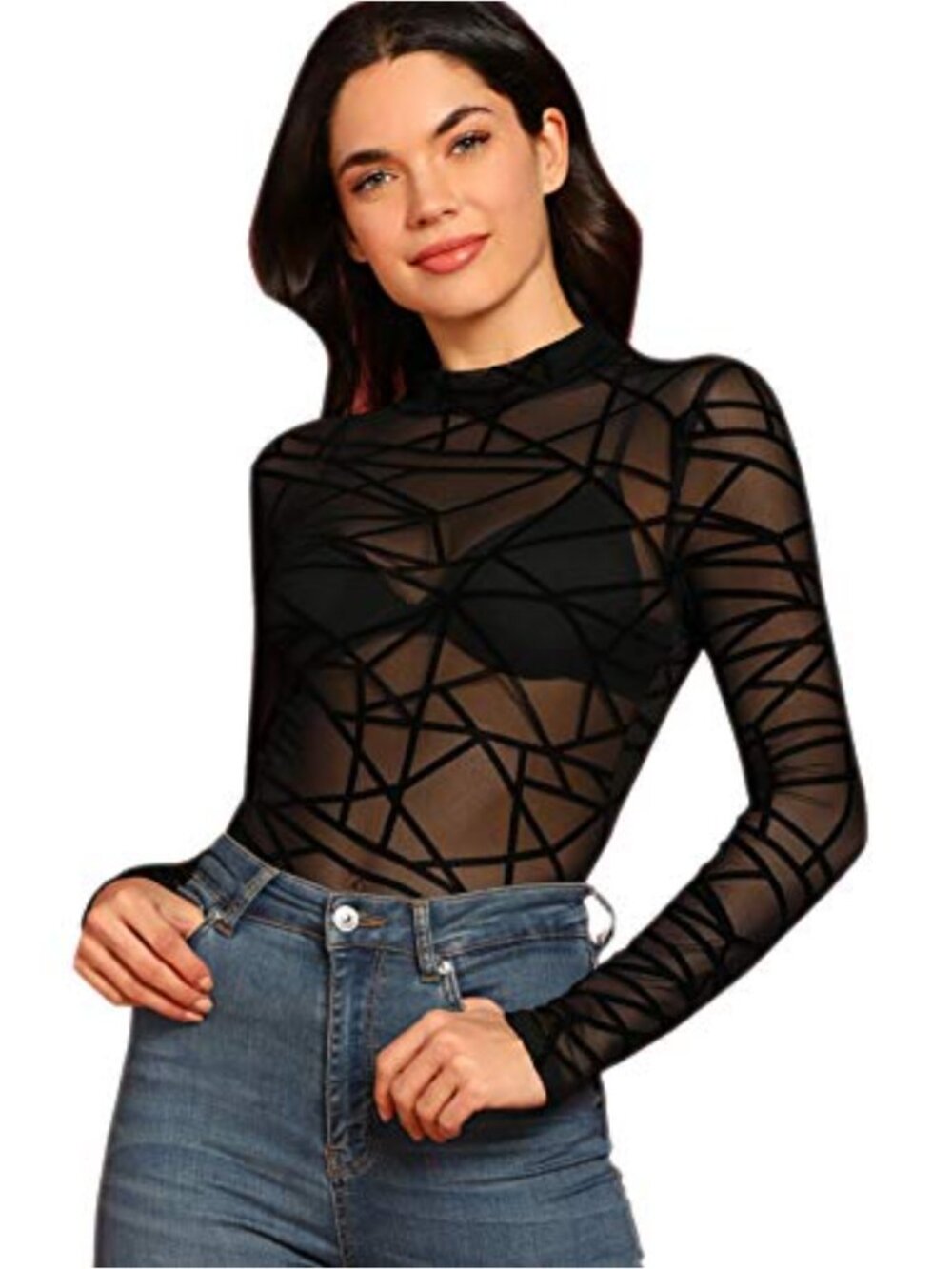 Sheer Mesh Long Sleeve Crop Top Mock Neck Clubwear Party Top